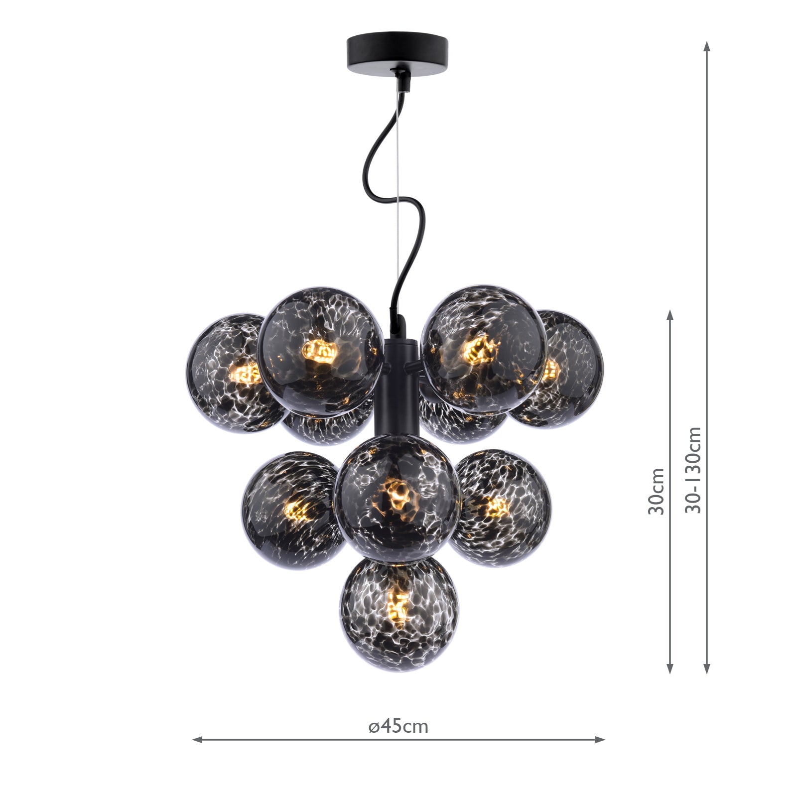 Vine 10 Light Pendant Satin Black With Black Confetti Glass