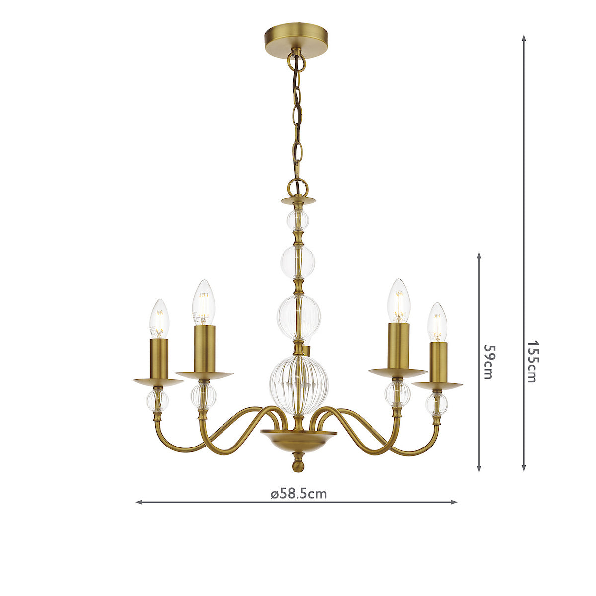 English Heritage Wrest Park 5 Light Armed Pendant Aged Brass and Ribbed Glass