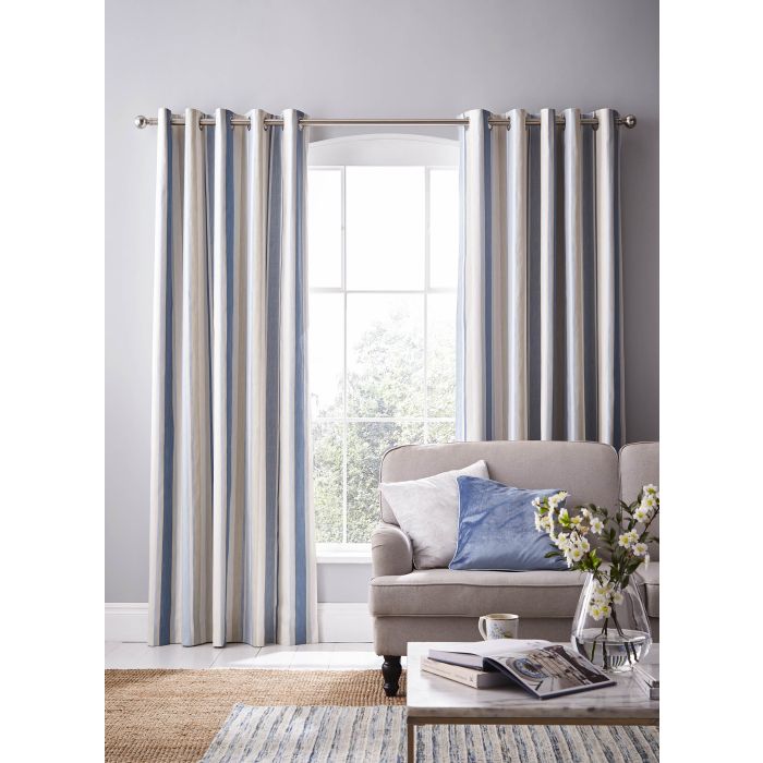 Laura Ashley Awning Stripe Seaspray Ready Made Eyelet Curtains