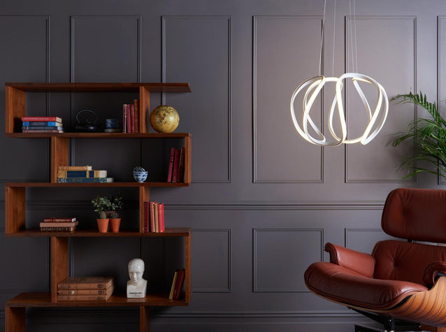 Double insulated Alonsa white LED pendant lighting a grey panelled living room with walnut shelving