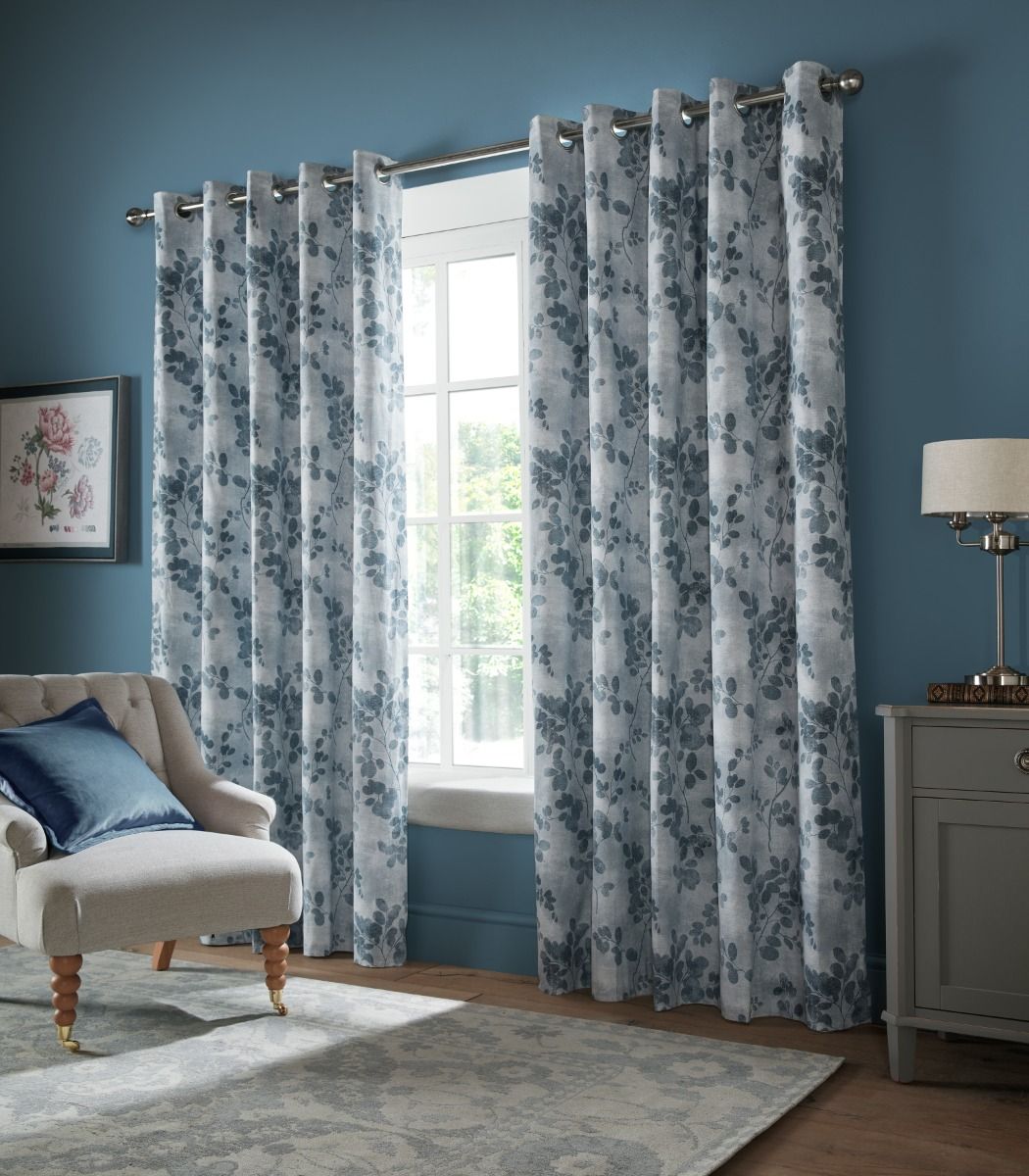 Laura Ashley Millhayes Smoke Blue Ready Made Blackout Eyelet Curtains