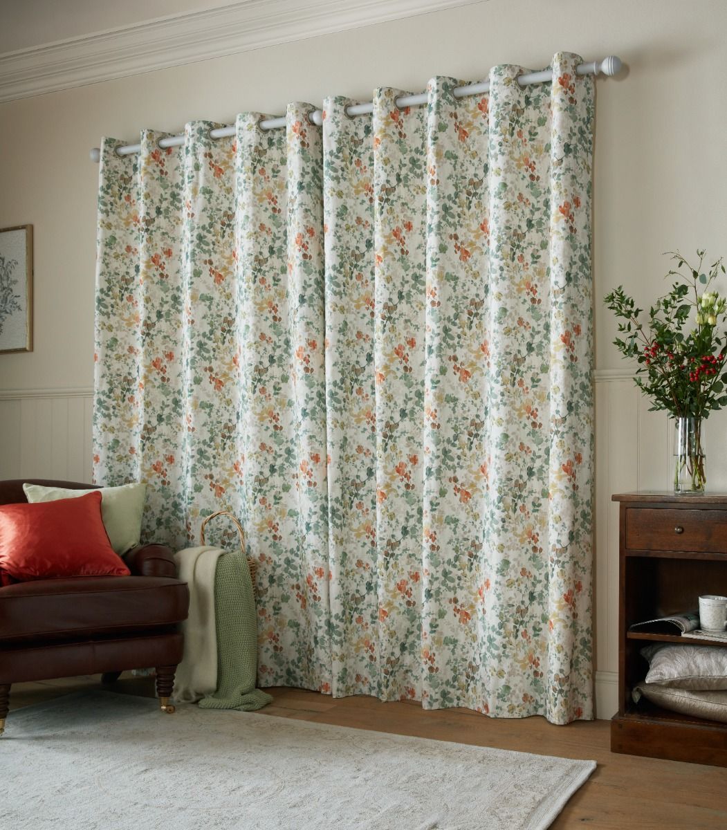 Laura Ashley Old Castle Leaves Fern Green Ready Made Eyelet Curtains