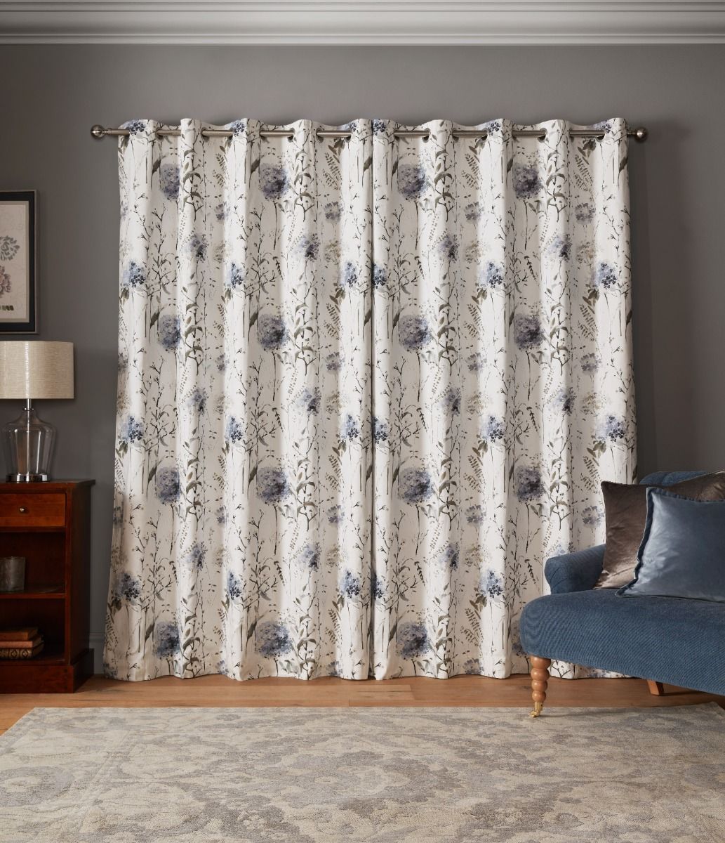 Laura Ashley Pallington Bloom Smoke Blue Ready Made Curtains