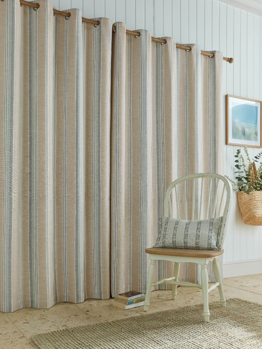 Laura Ashley Wickham Stripe Sage / Natural Ready Made Eyelet Curtains